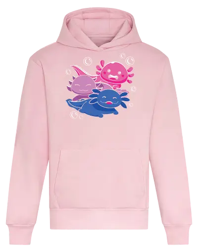 Three axolotls - axolotls, cartoon, cute, swimming, bubbles, pink, blue, purple, playful, aquatic - Heavyweight Hoodie