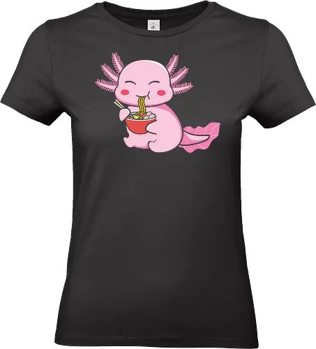 Axolotl eating pasta - axolotl, noodles, chopsticks, cute, pink, cartoon, character, food, playful - Standard T-Shirt (Women)