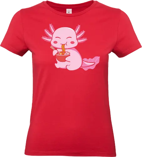 Axolotl eating pasta - axolotl, noodles, chopsticks, cute, pink, cartoon, character, food, playful - Standard T-Shirt (Women)