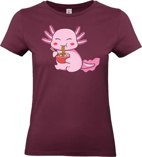 Axolotl eating pasta - axolotl, noodles, chopsticks, cute, pink, cartoon, character, food, playful - Standard T-Shirt (Women)