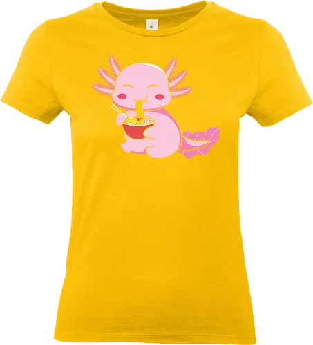 Axolotl eating pasta - axolotl, noodles, chopsticks, cute, pink, cartoon, character, food, playful - Standard T-Shirt (Women)