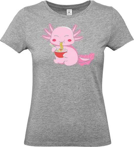 Axolotl eating pasta - axolotl, noodles, chopsticks, cute, pink, cartoon, character, food, playful - Standard T-Shirt (Women)