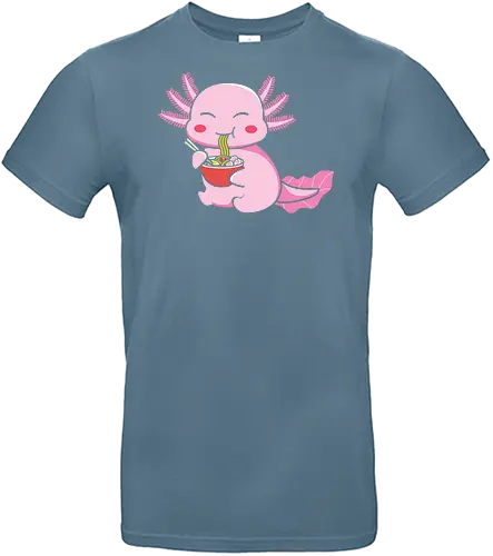 Axolotl eating pasta - axolotl, noodles, chopsticks, cute, pink, cartoon, character, food, playful - Standard T-Shirt