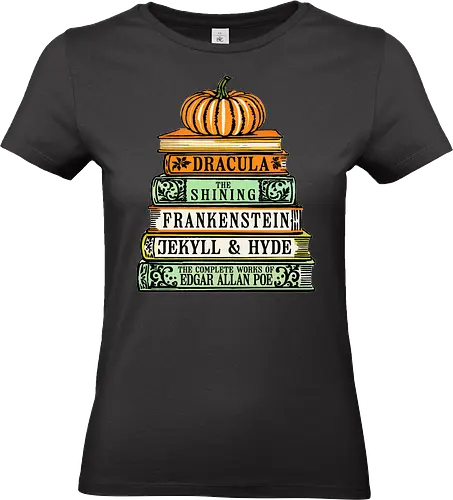 Chilling Classics Halloween Horror Books - Horror books, classic horror, Halloween, literary horror, Dracula, The Shining, Frankenstein, Jekyll & Hyde, Edgar Allan Poe, spooky books, book stack, pumpkin, horror literature, Gothic horror, scary stories, reading, bookworm, bibliophile, Halloween decor, horror fan - Standard T-Shirt (Women)