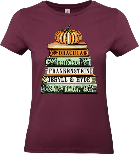Chilling Classics Halloween Horror Books - Horror books, classic horror, Halloween, literary horror, Dracula, The Shining, Frankenstein, Jekyll & Hyde, Edgar Allan Poe, spooky books, book stack, pumpkin, horror literature, Gothic horror, scary stories, reading, bookworm, bibliophile, Halloween decor, horror fan - Standard T-Shirt (Women)
