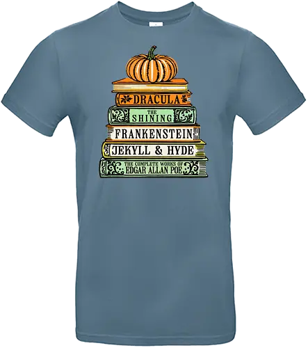 Chilling Classics Halloween Horror Books - Horror books, classic horror, Halloween, literary horror, Dracula, The Shining, Frankenstein, Jekyll & Hyde, Edgar Allan Poe, spooky books, book stack, pumpkin, horror literature, Gothic horror, scary stories, reading, bookworm, bibliophile, Halloween decor, horror fan - Standard T-Shirt