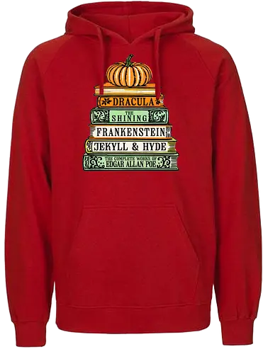 Chilling Classics Halloween Horror Books - Horror books, classic horror, Halloween, literary horror, Dracula, The Shining, Frankenstein, Jekyll & Hyde, Edgar Allan Poe, spooky books, book stack, pumpkin, horror literature, Gothic horror, scary stories, reading, bookworm, bibliophile, Halloween decor, horror fan - Fairtrade Hoodie