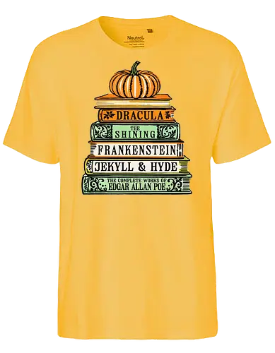 Chilling Classics Halloween Horror Books - Horror books, classic horror, Halloween, literary horror, Dracula, The Shining, Frankenstein, Jekyll & Hyde, Edgar Allan Poe, spooky books, book stack, pumpkin, horror literature, Gothic horror, scary stories, reading, bookworm, bibliophile, Halloween decor, horror fan - Fairtrade T-Shirt