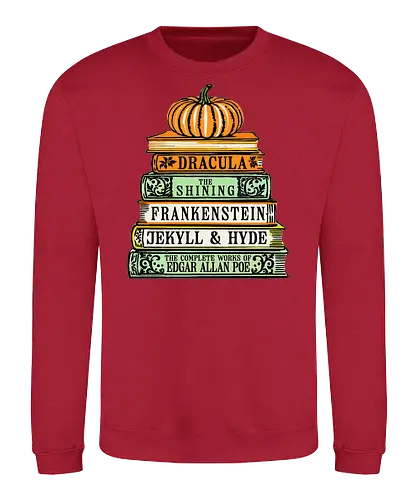 Chilling Classics Halloween Horror Books - Horror books, classic horror, Halloween, literary horror, Dracula, The Shining, Frankenstein, Jekyll & Hyde, Edgar Allan Poe, spooky books, book stack, pumpkin, horror literature, Gothic horror, scary stories, reading, bookworm, bibliophile, Halloween decor, horror fan - Sweatshirt