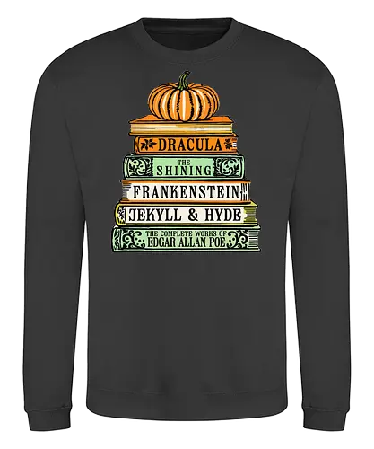 Chilling Classics Halloween Horror Books - Horror books, classic horror, Halloween, literary horror, Dracula, The Shining, Frankenstein, Jekyll & Hyde, Edgar Allan Poe, spooky books, book stack, pumpkin, horror literature, Gothic horror, scary stories, reading, bookworm, bibliophile, Halloween decor, horror fan - Sweatshirt