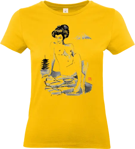 nude on the hill - nude, woman, geisha, hill, rocks, pagoda, fuji, mount, sumie, japan - Standard T-Shirt (Women)