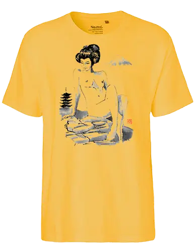 nude on the hill - nude, woman, geisha, hill, rocks, pagoda, fuji, mount, sumie, japan - Fairtrade T-Shirt