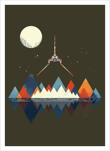 Arrival - space, science fiction, abstract, vintage colours, space ship, moon - Artprint