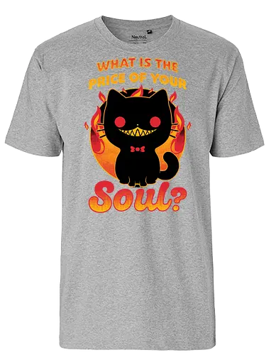 Cat Buys Souls - Cat, Black, Black Cat, Demon, Devil, Creepy, Fluffy, Pet, Sarcasm, Joke, Evil, Fire, Sinister, Soul - Fairtrade T-Shirt