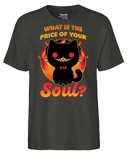 Cat Buys Souls - Cat, Black, Black Cat, Demon, Devil, Creepy, Fluffy, Pet, Sarcasm, Joke, Evil, Fire, Sinister, Soul - Fairtrade T-Shirt