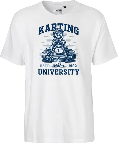 Karting University - mario kart, kart, karting, video games, video game, game, gaming, university, college, academy, drive, driving, fun, funny, banana peel, retro, retrogaming, retro gaming, vintage, vintage look, blue shell, go kart, race, racing, speed - Fairtrade T-Shirt
