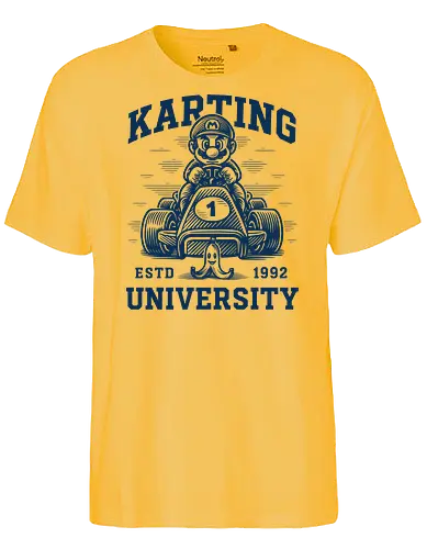Karting University - mario kart, kart, karting, video games, video game, game, gaming, university, college, academy, drive, driving, fun, funny, banana peel, retro, retrogaming, retro gaming, vintage, vintage look, blue shell, go kart, race, racing, speed - Fairtrade T-Shirt