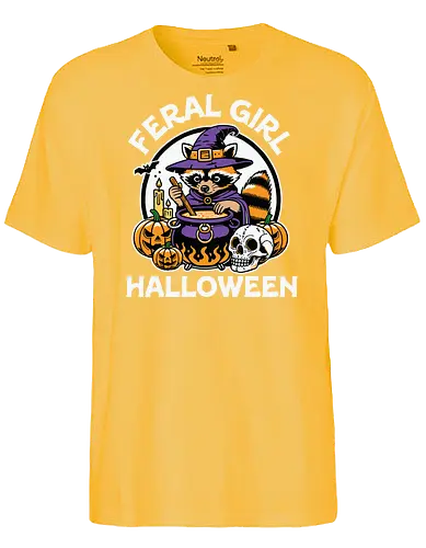 Feral Girl Halloween - raccoon, cauldron, witch, halloween, pumpkins, skull, spooky, costume, magic, potion - Fairtrade T-Shirt