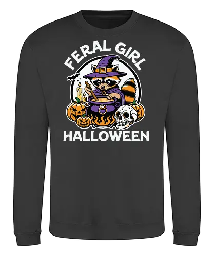 Feral Girl Halloween - raccoon, cauldron, witch, halloween, pumpkins, skull, spooky, costume, magic, potion - Sweatshirt