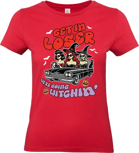 Get in loser, we're going witchin - witches, convertible, bats, halloween, sunglasses, hats, pumpkins, text, vintage car - Standard T-Shirt (Women)