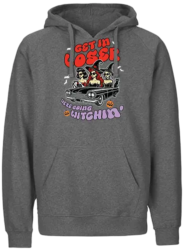 Get in loser, we're going witchin - witches, convertible, bats, halloween, sunglasses, hats, pumpkins, text, vintage car - Fairtrade Hoodie