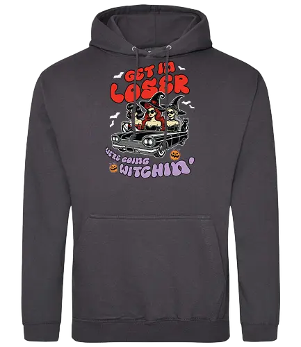 Get in loser, we're going witchin - witches, convertible, bats, halloween, sunglasses, hats, pumpkins, text, vintage car - Standard Hoodie