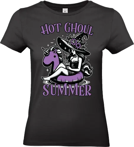 Hot Ghoul Summer - witch, unicorn float, summer, drink, whimsical, flowers, hat, black and white, purple, playful - Standard T-Shirt (Women)