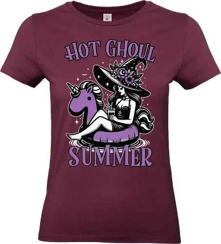 Hot Ghoul Summer - witch, unicorn float, summer, drink, whimsical, flowers, hat, black and white, purple, playful - Standard T-Shirt (Women)