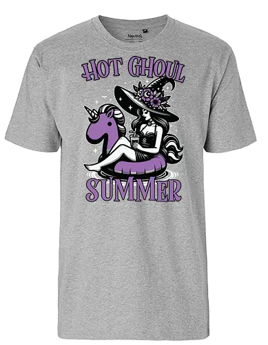 Hot Ghoul Summer - witch, unicorn float, summer, drink, whimsical, flowers, hat, black and white, purple, playful - Fairtrade T-Shirt