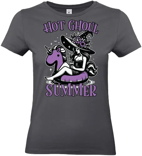 Hot Ghoul Summer - witch, unicorn float, summer, drink, whimsical, flowers, hat, black and white, purple, playful - Standard T-Shirt (Women)