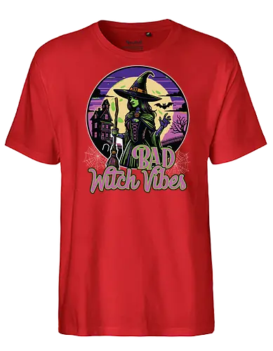 Bad Witch Vibes - witch, halloween, moon, hat, spooky, haunted house, broom, spider webs, gothic, night - Fairtrade T-Shirt
