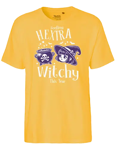 Feeling Hextra Witchy This Year - halloween, cauldron, witch, hat, bats, magic, stars, purple, whimsical, text - Fairtrade T-Shirt