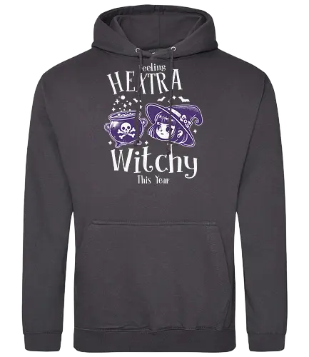 Feeling Hextra Witchy This Year - halloween, cauldron, witch, hat, bats, magic, stars, purple, whimsical, text - Standard Hoodie