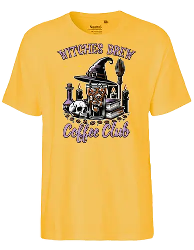 Witches Brew Coffee Club - witchcraft, coffee, skull, hat, candles, potions, spooky, books, stars, halloween - Fairtrade T-Shirt
