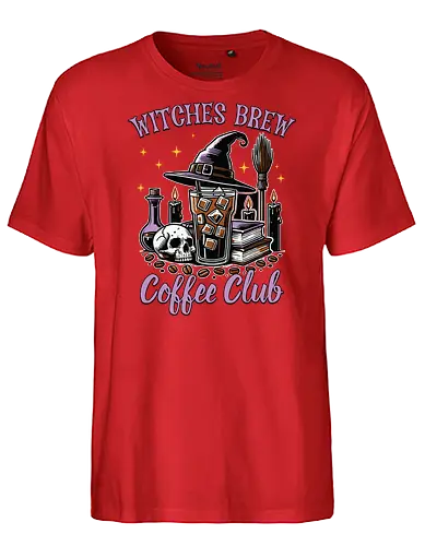 Witches Brew Coffee Club - witchcraft, coffee, skull, hat, candles, potions, spooky, books, stars, halloween - Fairtrade T-Shirt