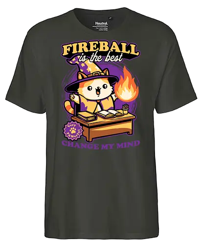 Wizard Cat Fireball - cat, magic, magical, fireball, ritual, mage, wizard, sorcerer, rpg, role-playing game, role-play, Role-playing, pet, Pen and Paper, d20, fun, funny, cute - Fairtrade T-Shirt