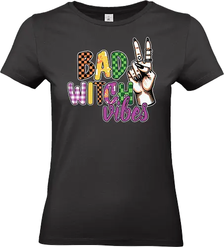BAD WITCH VIBES - halloween, typography, graphic design, peace sign, colorful, playful, hand gesture, vibrant, spooky, lettering - Standard T-Shirt (Women)