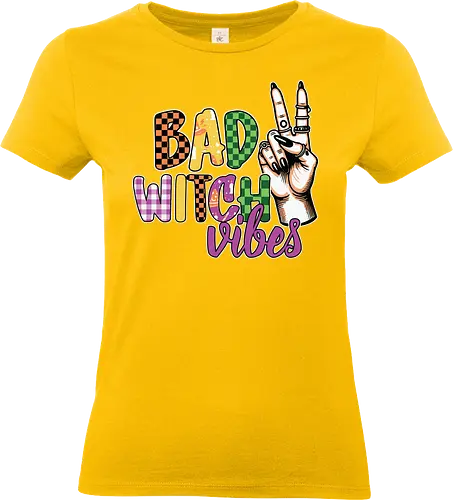 BAD WITCH VIBES - halloween, typography, graphic design, peace sign, colorful, playful, hand gesture, vibrant, spooky, lettering - Standard T-Shirt (Women)