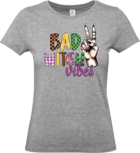 BAD WITCH VIBES - halloween, typography, graphic design, peace sign, colorful, playful, hand gesture, vibrant, spooky, lettering - Standard T-Shirt (Women)