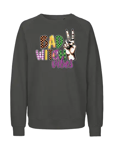 BAD WITCH VIBES - halloween, typography, graphic design, peace sign, colorful, playful, hand gesture, vibrant, spooky, lettering - Fairtrade Sweatshirt