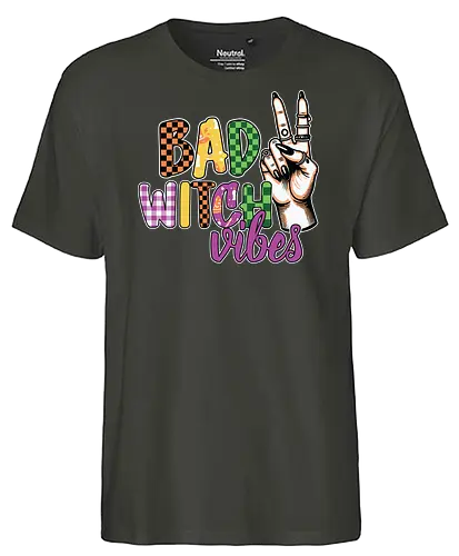 BAD WITCH VIBES - halloween, typography, graphic design, peace sign, colorful, playful, hand gesture, vibrant, spooky, lettering - Fairtrade T-Shirt