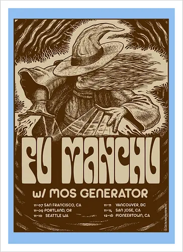 Fu Manchu – Psychedelische Stoner-Rock-Kunst mit Zauberer und Retro-Typografie der 70er