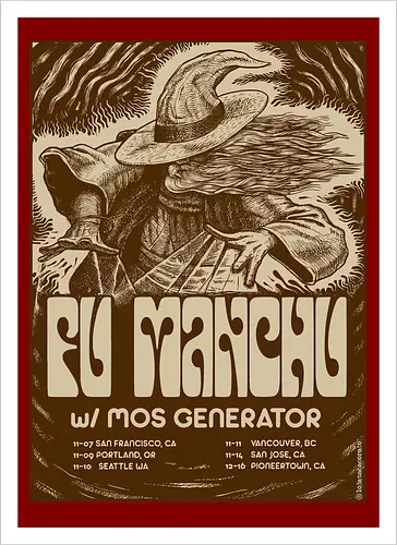 Fu Manchu – Psychedelische Stoner-Rock-Kunst mit Zauberer und Retro-Typografie der 70er