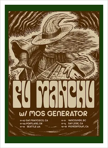 Fu Manchu – Psychedelische Stoner-Rock-Kunst mit Zauberer und Retro-Typografie der 70er