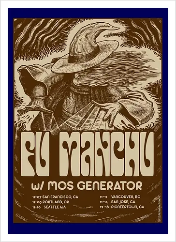 Fu Manchu – Psychedelische Stoner-Rock-Kunst mit Zauberer und Retro-Typografie der 70er