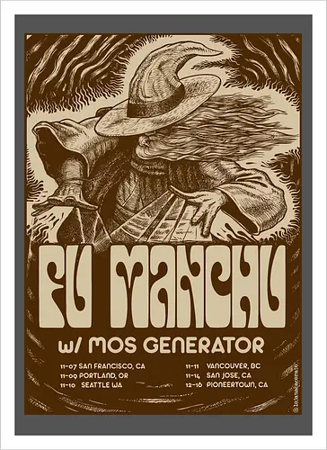 Fu Manchu – Psychedelische Stoner-Rock-Kunst mit Zauberer und Retro-Typografie der 70er