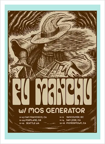 Fu Manchu – Psychedelische Stoner-Rock-Kunst mit Zauberer und Retro-Typografie der 70er