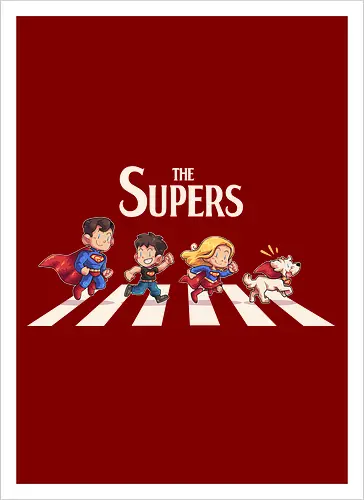 The Supers - super, superheroes, superman, comics, abbey road, parody, krypto, supergirl, superboy, clark kent - Artprint