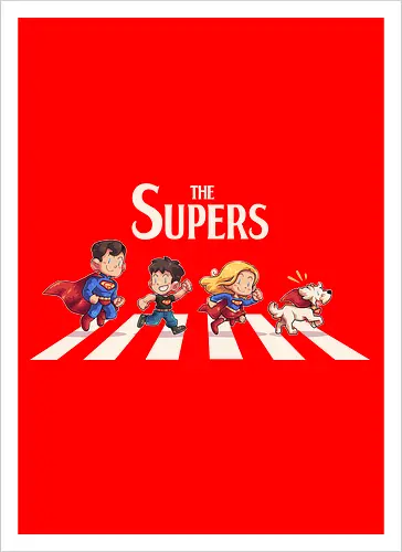 The Supers - super, superheroes, superman, comics, abbey road, parody, krypto, supergirl, superboy, clark kent - Artprint