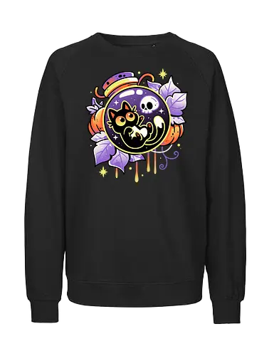 Halloween Bottled Kitten - black cat, autumn, creepy cute, skull, pumpkin season, halloween, gothic, potion bottle, pastel goth, spooky cute, witchy vibes, fall, magic, kawaii - Fairtrade Sweatshirt